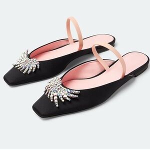 Piferi Drizella Crystal Embellished Slingback Flat,Satin Square Toe Rhinestone